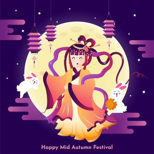 mid autumn beautiful moon princess and cute rabbit vector.
