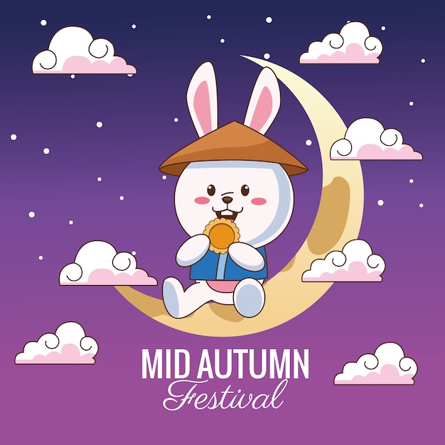 Mid autumn celebration card with little rabbit in crescent moon vector illustration design