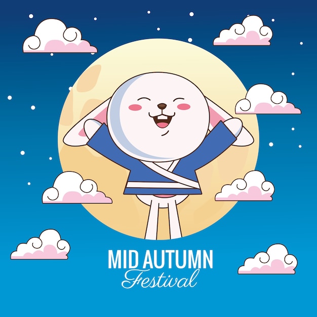Mid autumn celebration card with little rabbit and moon in clouds vector illustration design