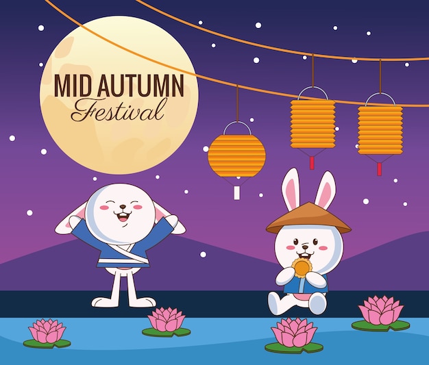 Mid autumn celebration card with little rabbits couple at night