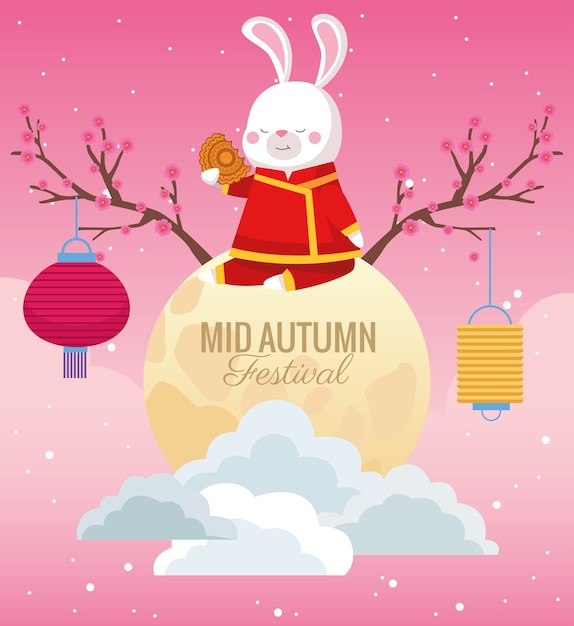 보름달 장면에서 토끼와 중순 가을 축하 카드