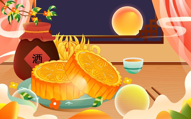 Mid-autumn festival on August 15th, moon cakes and delicacies are placed on the table