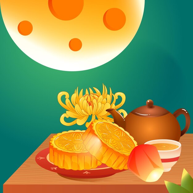 mid-autumn festival on august 15th, moon cakes and delicacies are placed on the table