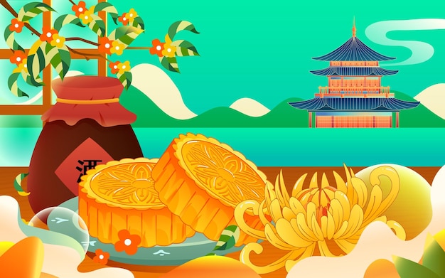 Mid-autumn festival on August 15th, moon cakes and delicacies are placed on the table