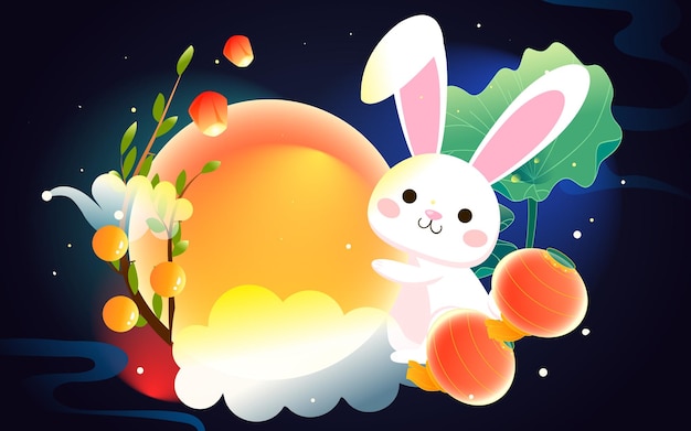 Vettore festa di metà autunno il 15 agosto, il coniglio sta ammirando la luna con le torte della luna e le nuvole