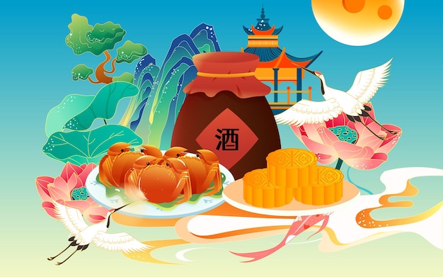 Mid-autumn festival on August 15th, traditional festival steamed crab to eat with moon and clouds