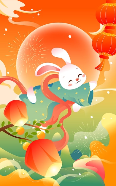 Mid-autumn festival on august 15th, traditional mythology of jade rabbit worshiping the moon, vector