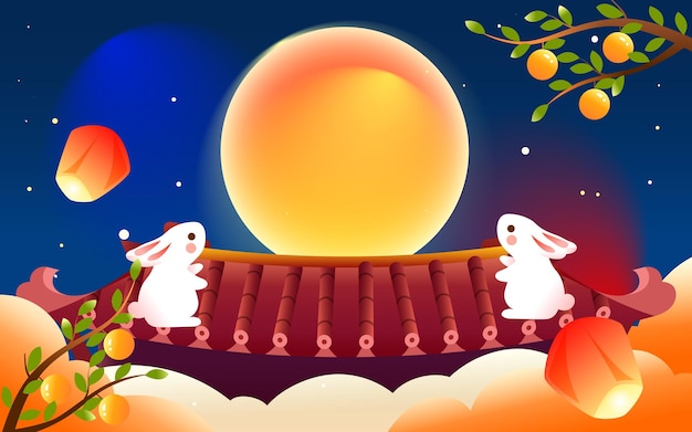 Vector mid-autumn festival on august 15th, traditional mythology of jade rabbit worshiping the moon, vector