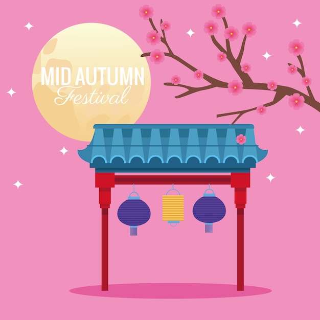 Mid autumn festival celebration with flowers tree and moon scene