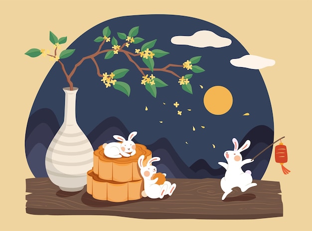 中秋節のデザイン ヒスイウサギが月餅を食べ、お祝いとしてキンモクセイの花のシャワーの下で夜に月を見ているフラットなイラスト