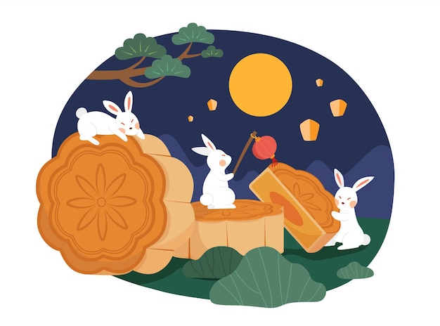 Vector mid autumn festival design flat illustration of moon rabbits on mooncakes watching full moon at night