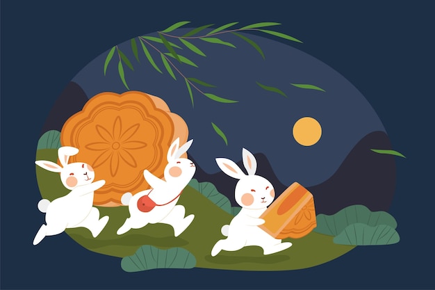 Дизайн фестиваля середины осени плоская иллюстрация нефритовых кроликов, несущих лунные пряники и бегущих в погоню за полнолунием