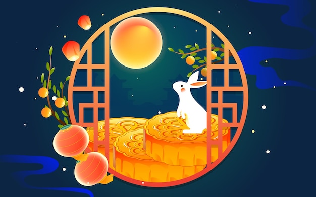 Vector mid-autumn festival family eating together to celebrate the festival with the moon and clouds