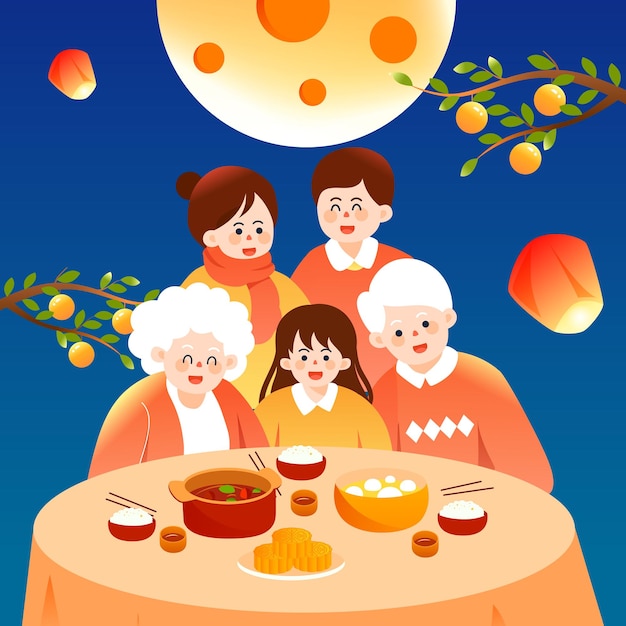 Mid-autumn festival family eating together to celebrate the festival with the moon and clouds