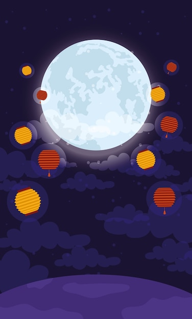 Cartolina d'auguri di festival di metà autunno con disegno di illustrazione vettoriale di luna e lanterne