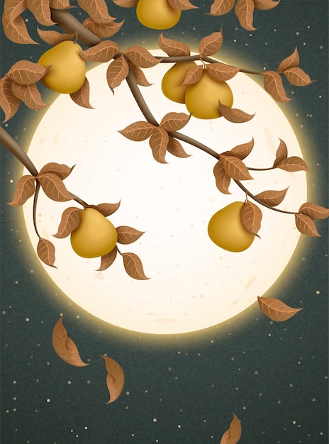 満月とザボンの木を魅了する中秋節のイラスト