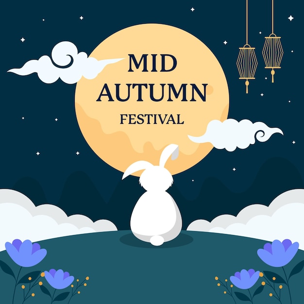 Vector mid autumn festival illustration with rabbit looking to moon