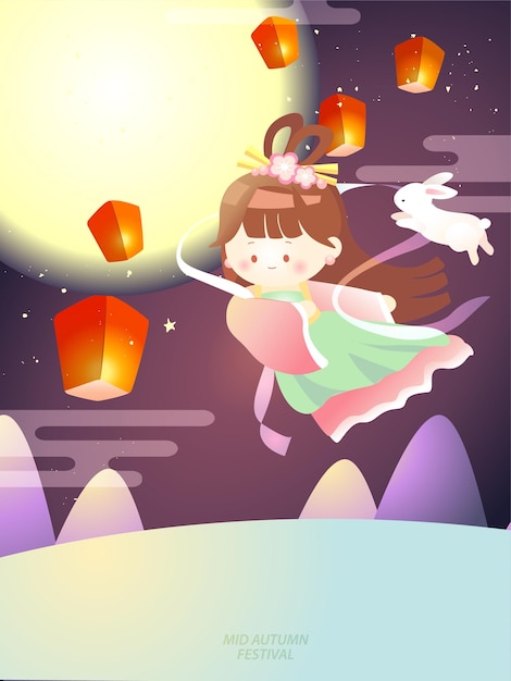 Mid-autumn festival illustration with woman in pink dress Chang'e  flying to the moon