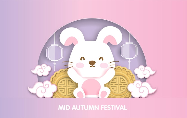 Mid autumn festival-kaart met schattige konijnen in papierstijl.