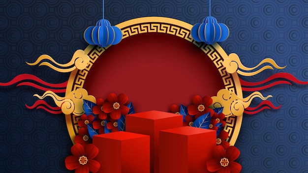 Mid Autumn Festival in paper art style.Chinese new year and red podium background.