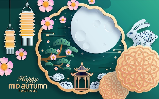 Mid autumn festival paper art style with full moon, moon cake, chinese lantern and rabbits