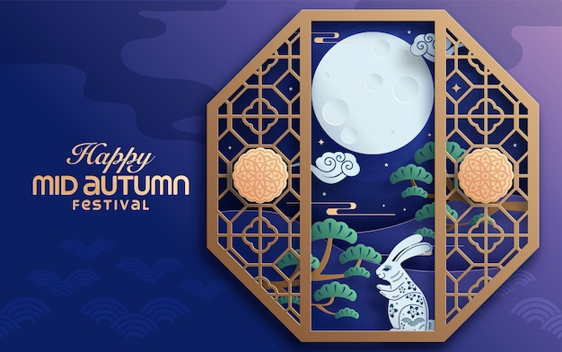 Mid autumn festival paper art style with full moon, moon cake, chinese lantern and rabbits