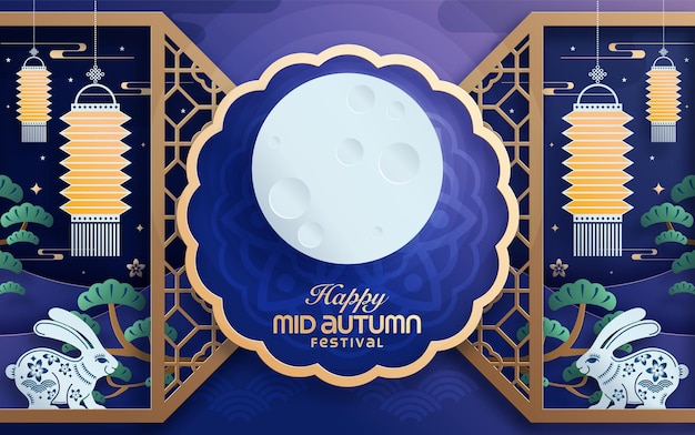 Mid autumn festival paper art style with full moon, moon cake, chinese lantern and rabbits