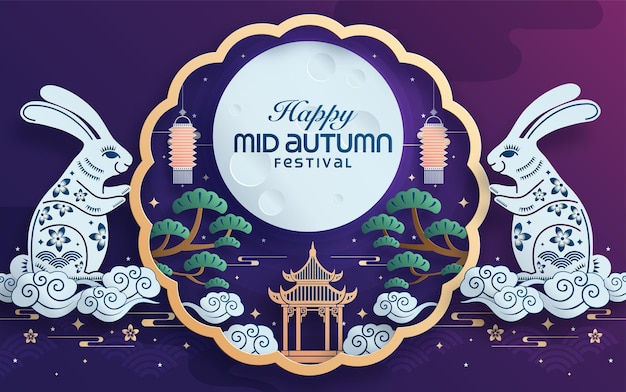 Mid autumn festival paper art style with full moon, moon cake, chinese lantern and rabbits