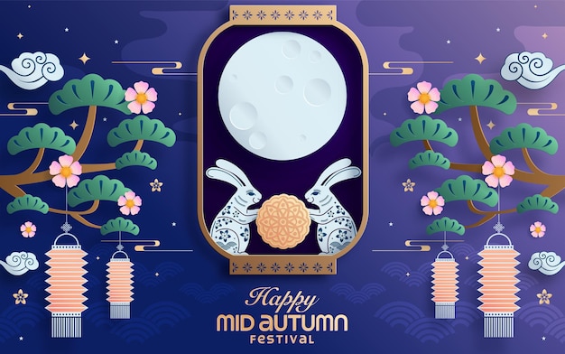 Mid autumn festival paper art style with full moon, moon cake, chinese lantern and rabbits