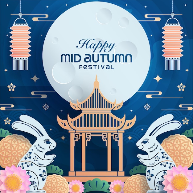 Vector mid autumn festival paper art style with full moon and rabbits on background