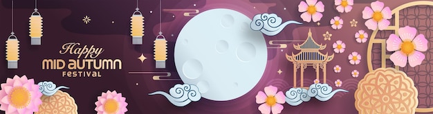 Vector mid autumn festival paper art style with full moon and rabbits on background