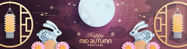 Vector mid autumn festival paper art style with full moon and rabbits on background