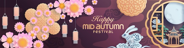 Mid autumn festival paper art style with full moon and rabbits on background