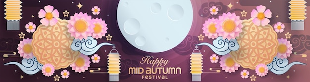 Mid autumn festival paper art style with full moon and rabbits on background