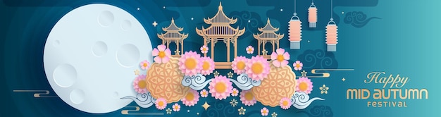 Mid autumn festival paper art style with full moon and rabbits on background