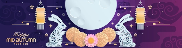 Mid autumn festival paper art style with full moon and rabbits on background