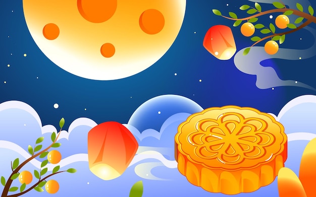 Mid-autumn festival, rabbit is looking at the moon in the sky next to moon cakes, vector