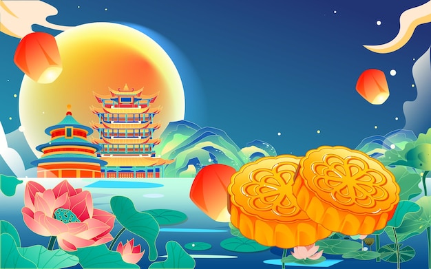 Mid-autumn festival, traditional Chinese ancient architecture with moon and clouds