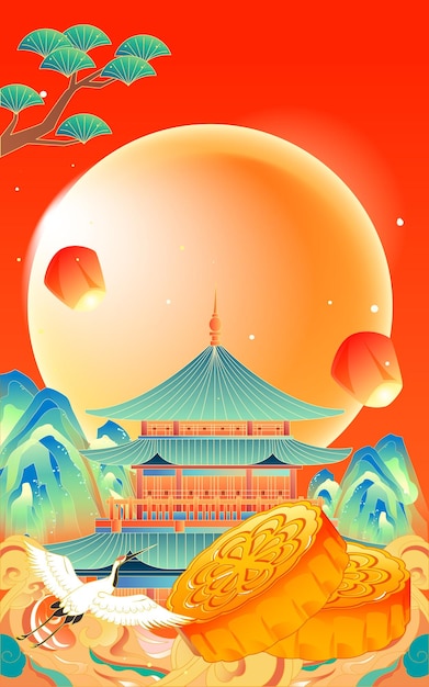 Mid-autumn festival, traditional Chinese ancient architecture with moon and clouds