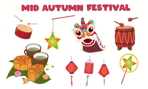 Vector mid autumn festival vector set moon festival clip art drum lantern lion dance moon cake and tea