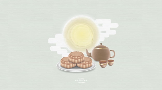 Vector mid autumn festival with chinese tea pot and moon mooncake on pastel color background