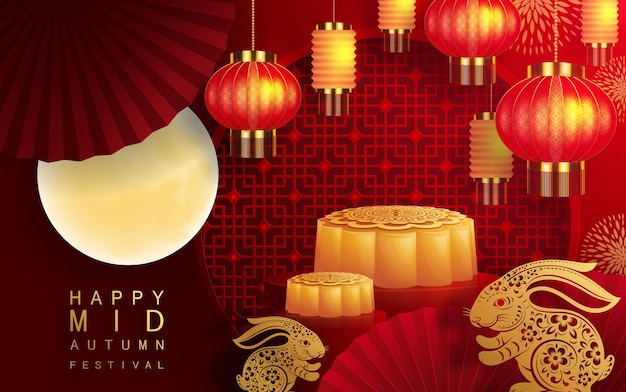 Mid Autumn Festival Poster. Chinese Mooncake Festival Banner. Rabbits,  Mooncakes. Translation Chinese Mid Autumn Stock Image - Image of  background, bunny: 252323599