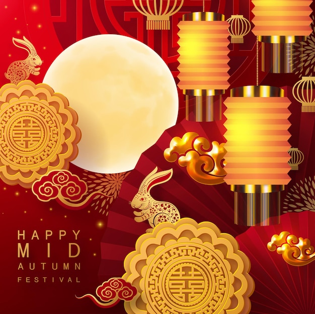 Mid autumn festival with rabbit and moon mooncake flower chinese lanterns