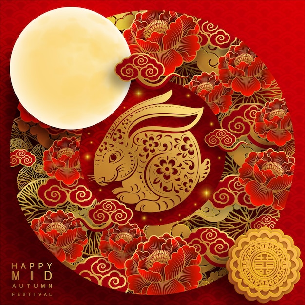 Mid Autumn festival with rabbit and moon mooncake flower chinese lanterns