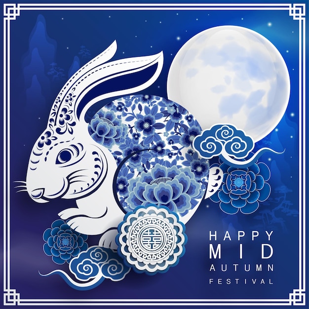 Mid autumn festival with rabbit and moon mooncake flowerchinese lanterns