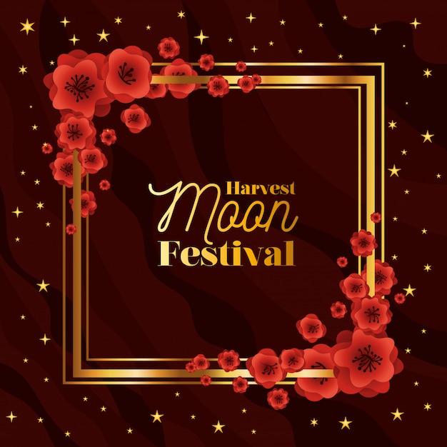 붉은 꽃 프레임과 별 중순 가을 수확 달 축제