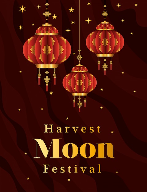 Mid autumn harvest moon festival with red lanterns and stars