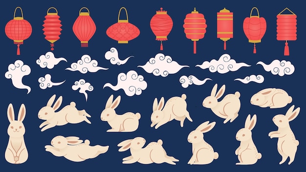 Mid autumn rabbits. Chinese and vietnamese traditional festival elements in oriental style with lanterns, clouds and funny bunny vector set. Illustration chinese rabbit and festival lantern