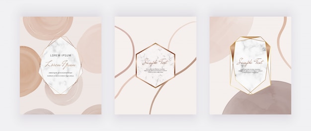 Vector mid century cards with marble frames and nude with brown watercolor shapes.