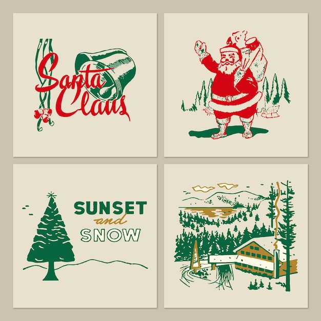 Mid century christmas scenery with santa a cabin and snow vector illustration set